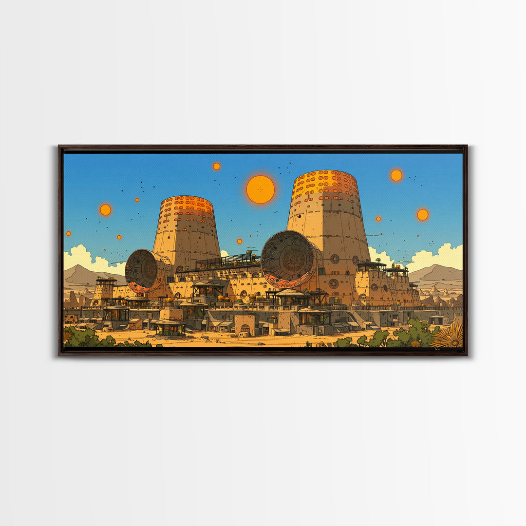 Desert Towers And Orange Suns Wall Art, Sci Fi African Inspired Settlement, Canvas Print, Modern Wall Decor, Unique Home Decor