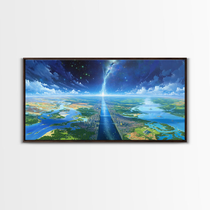 Blue Futuristic Cityscape Wall Art, Dreamy Landscape Canvas Print, Modern Canvas Art, Sci Fi Skyline Living Room Decor Gift