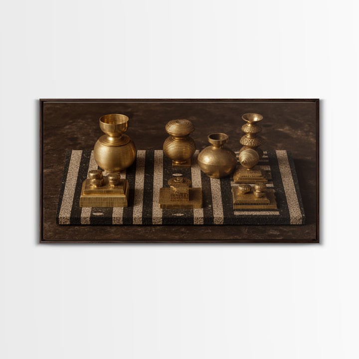 Golden Vessels On Striped Textile Wall Art, African Home Decor Canvas Print, Tribal Gold Still Life, Elegant Office Decor