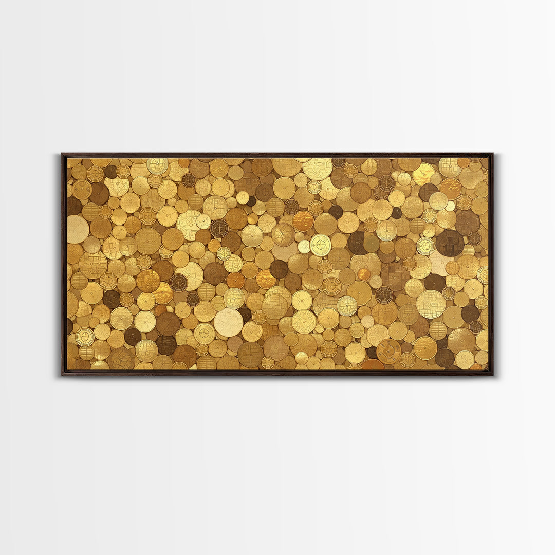 Golden Coin Disc Mosaic Wall Art, African Inspired Canvas Print, Textured Art Print, Gold Circle Pattern Home Decor Gift