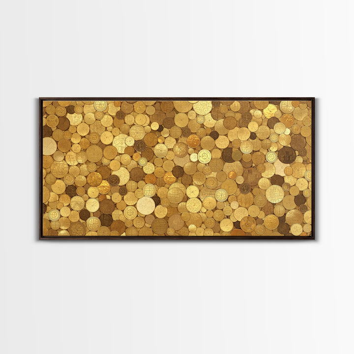 Golden Coin Disc Mosaic Wall Art, African Inspired Canvas Print, Textured Art Print, Gold Circle Pattern Home Decor Gift