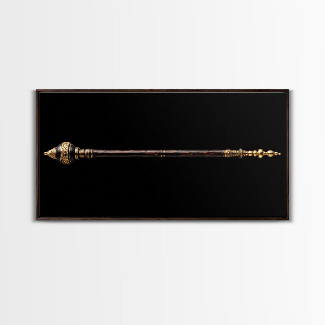 Ornate African Ceremonial Staff Wall Art, Tribal Artifact Canvas Print, Black Gold Scepter, Cultural Statement Decor Gift