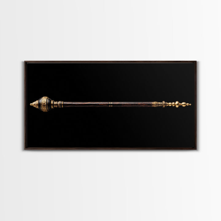Ornate African Ceremonial Staff Wall Art, Tribal Artifact Canvas Print, Black Gold Scepter, Cultural Statement Decor Gift
