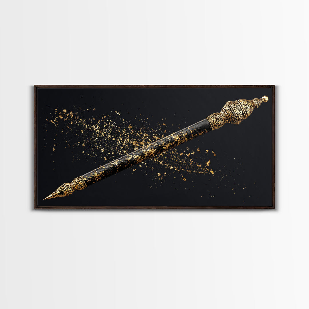 Ornate Black Gold Ceremonial Spear Canvas Print, African Warrior Art, Tribal Wall Decor, Afrocentric Luxury Home Decor Gift