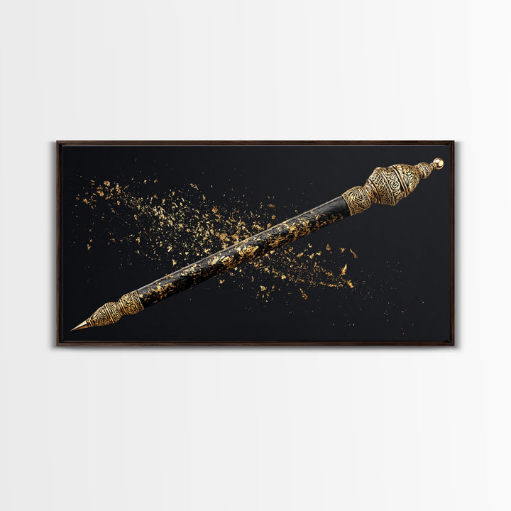 Ornate Black Gold Ceremonial Spear Canvas Print, African Warrior Art, Tribal Wall Decor, Afrocentric Luxury Home Decor Gift