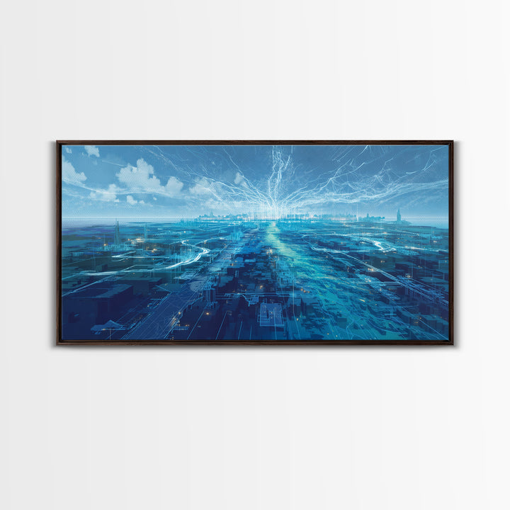 Blue Futuristic Digital Cityscape Wall Art, Afrofuturism Decor, Modern African Inspired Office Art, Luminous Skyline Print