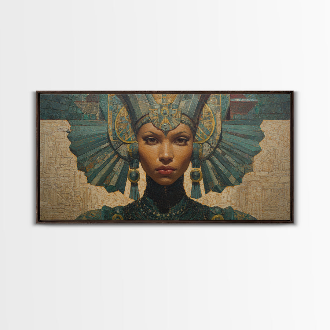 Regal Egyptian Queen Headdress Canvas Print, African Portrait Wall Art, Teal Gold Cultural Decor, Goddess Home Decor Gift
