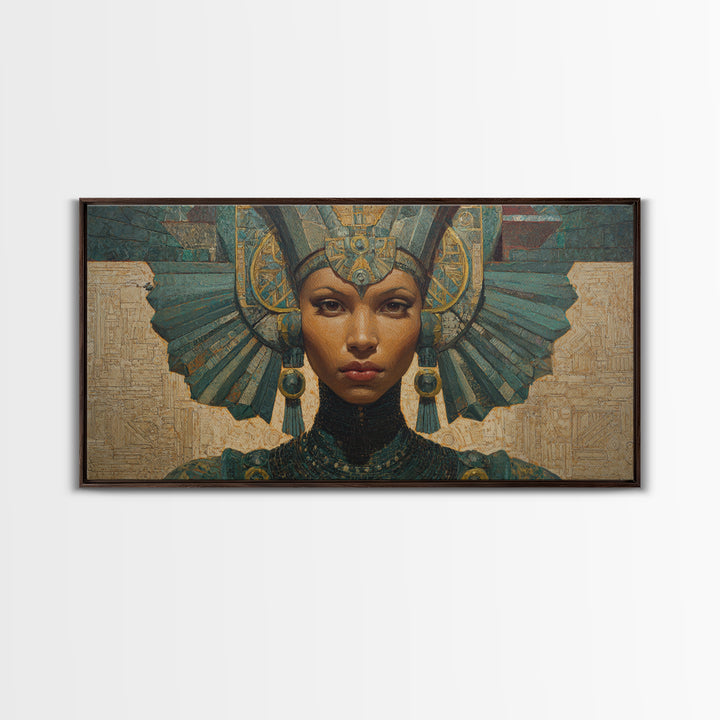 Regal Egyptian Queen Headdress Canvas Print, African Portrait Wall Art, Teal Gold Cultural Decor, Goddess Home Decor Gift