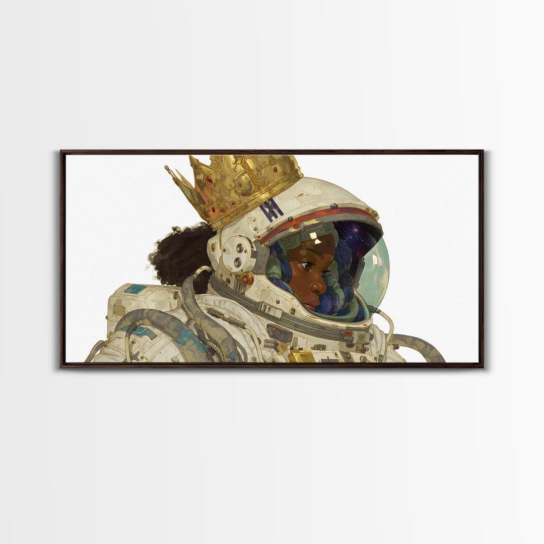 Crowned Black Girl Astronaut Framed Canvas Print, Afrofuturism Wall Art, Black Queen Portrait, Space Galaxy Home Decor Gift