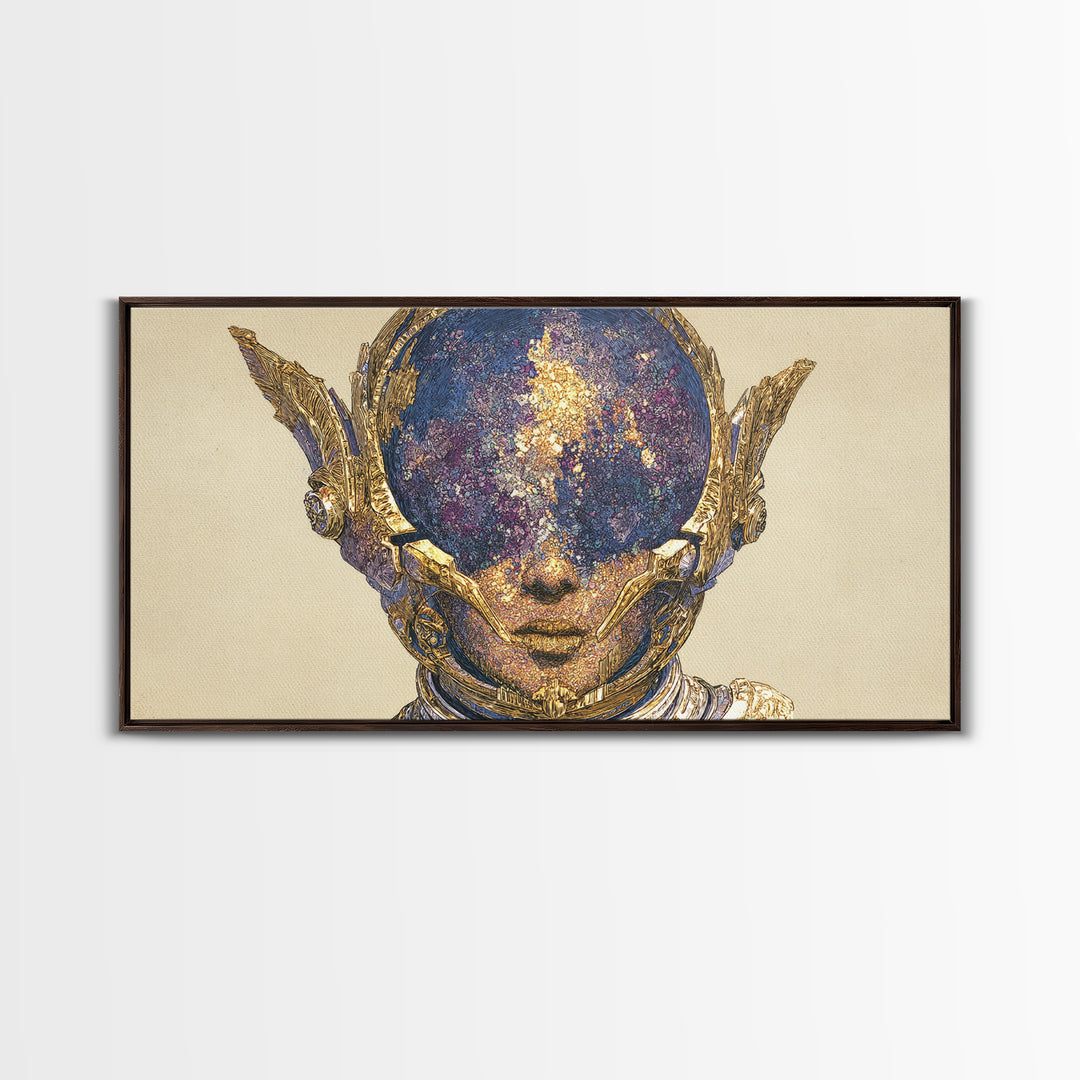 Cosmic Gold Goddess Face Wall Art, African Abstract Portrait, Mystical Afrocentric Decor, Fantasy Figure Luxury Canvas Print