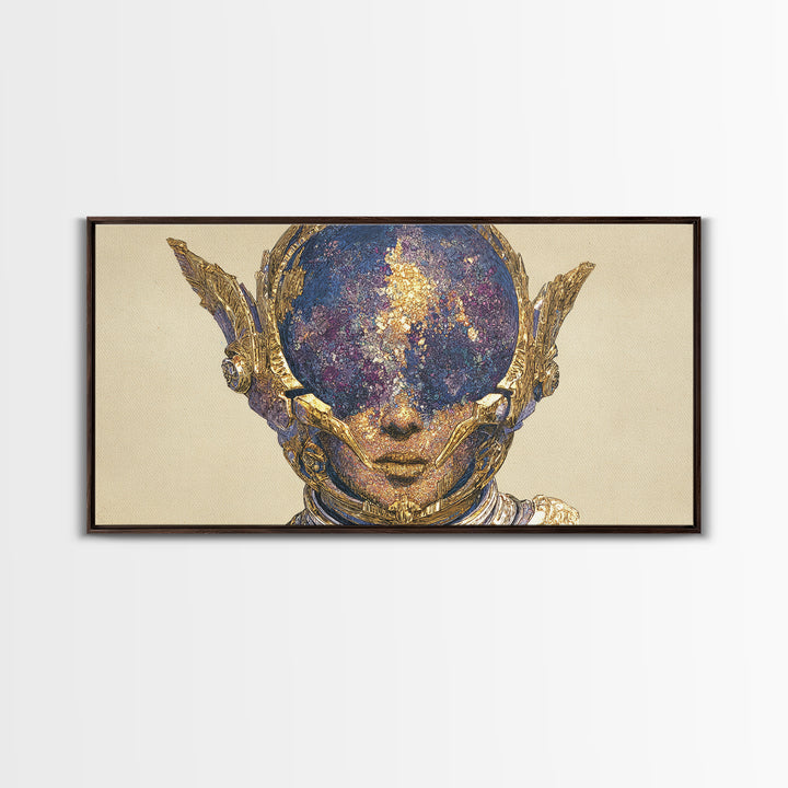 Cosmic Gold Goddess Face Wall Art, African Abstract Portrait, Mystical Afrocentric Decor, Fantasy Figure Luxury Canvas Print