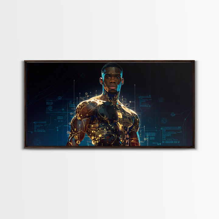 Powerful Black Cyborg Warrior Wall Art, Afrofuturism Decor, African American Art, Futuristic Tech Portrait Canvas Print Gift