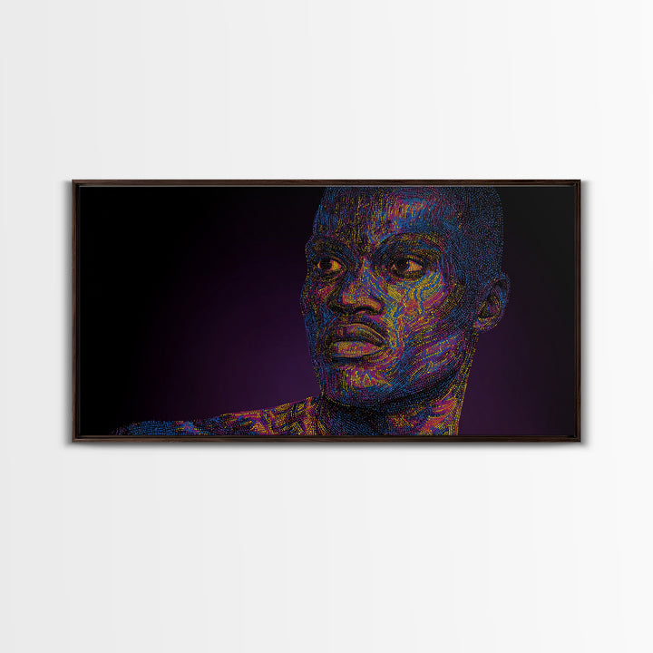 Neon Pointillist Black Man Portrait Canvas Print, African American Wall Art, Digital Afro Art, Modern Masculine Home Decor