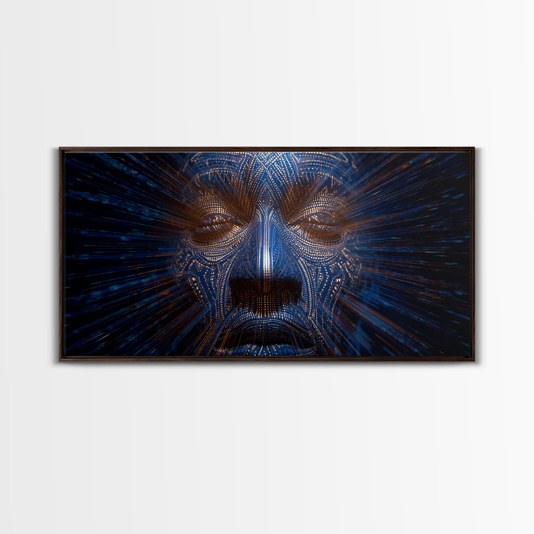 Blue Orange Digital Tribal Face Wall Art, African Mask Art, Afrofuturism Decor, Abstract Black Art, Statement Canvas Print