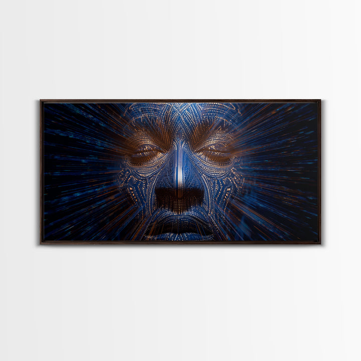 Blue Orange Digital Tribal Face Wall Art, African Mask Art, Afrofuturism Decor, Abstract Black Art, Statement Canvas Print