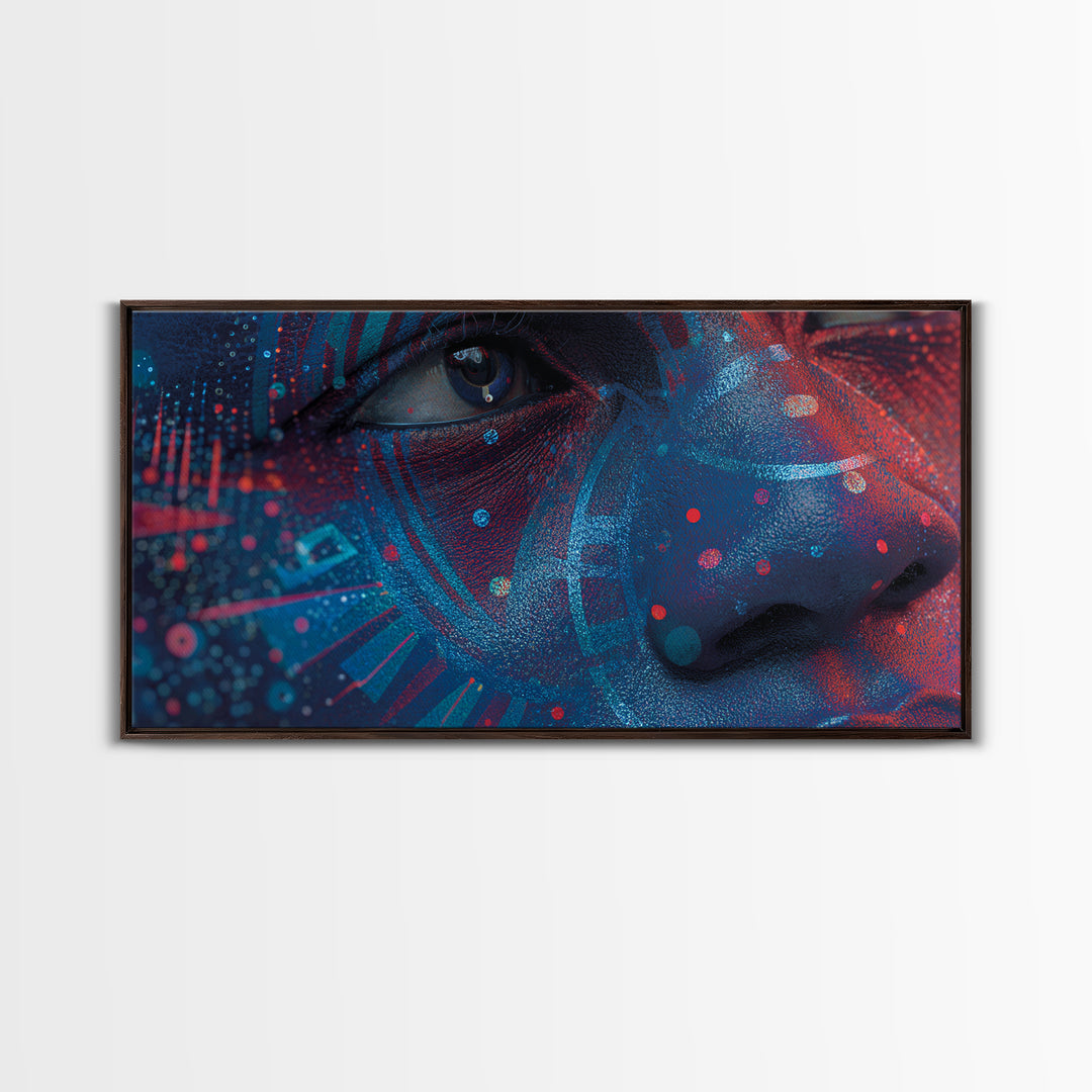 Blue Red Afro Futurist Face Close Up Wall Art, African Portrait, Black Beauty Art, Tribal Art Decor, Modern Canvas Print