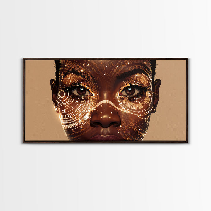 Golden Circuit African Woman Portrait Framed Canvas Print, Black Female Art, Afrocentric Wall Art, Luxury Canvas Art Decor