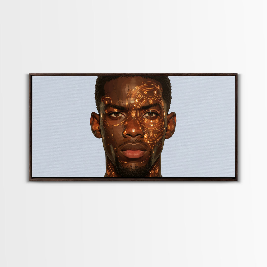 Orange Cyber Tribal Black Man Portrait Wall Art, African Portrait, Black Man Wall Art, Afrocentric Decor, Modern Canvas Art