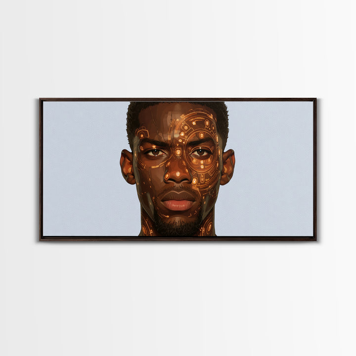 Orange Cyber Tribal Black Man Portrait Wall Art, African Portrait, Black Man Wall Art, Afrocentric Decor, Modern Canvas Art