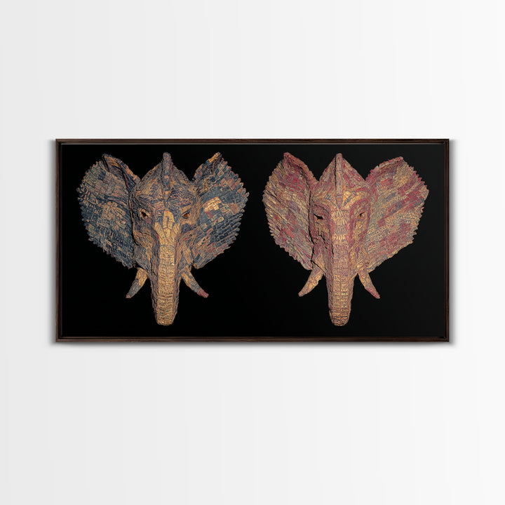 Textured Twin Elephant Mask Canvas Print, African Elephant Art, Tribal Mask Canvas, Safari Decor, Unique Wall Decor Gift