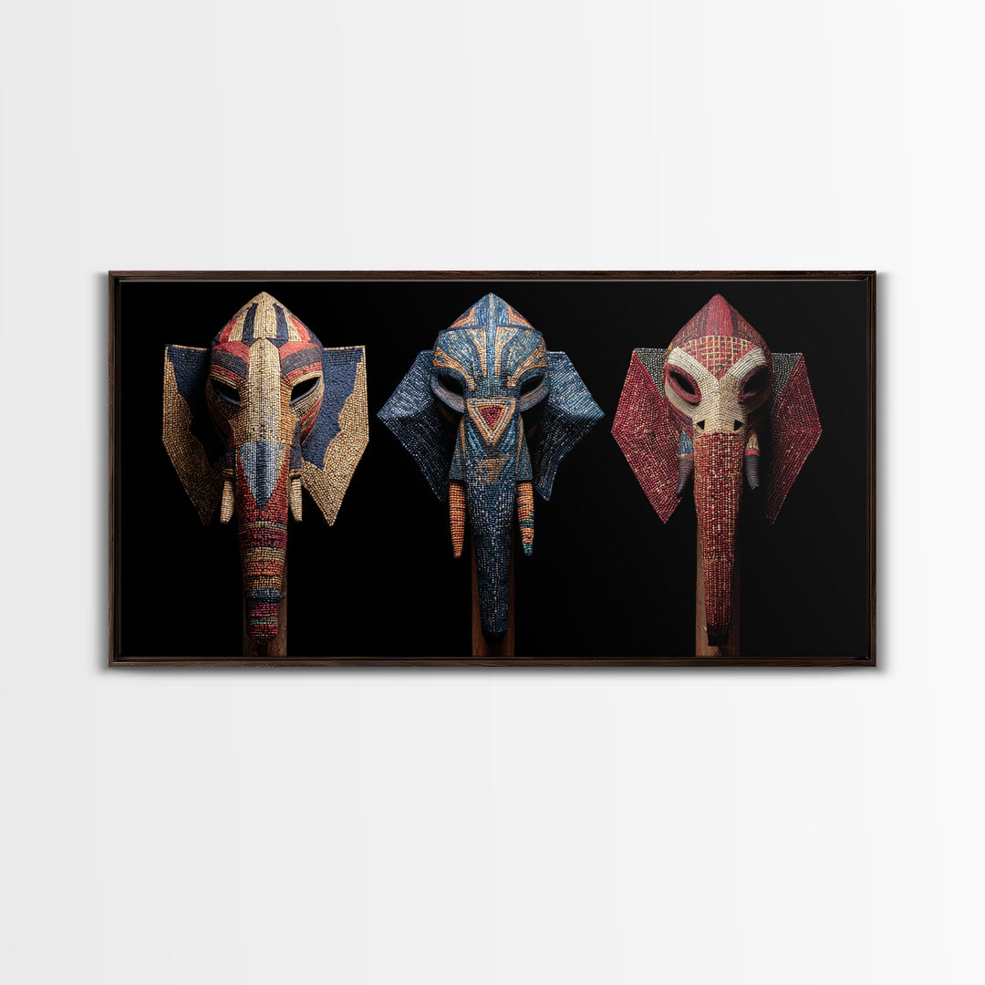 Three Beaded Elephant Tribal Masks Framed Canvas Print, African Mask Art, Safari Wall Art, Colorful African Art Decor Gift