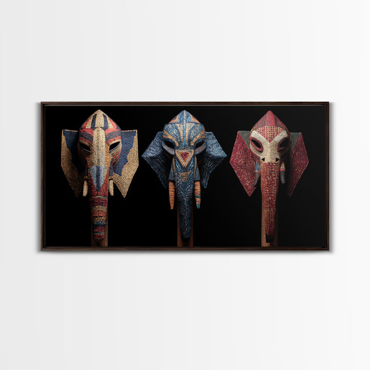 Three Beaded Elephant Tribal Masks Framed Canvas Print, African Mask Art, Safari Wall Art, Colorful African Art Decor Gift