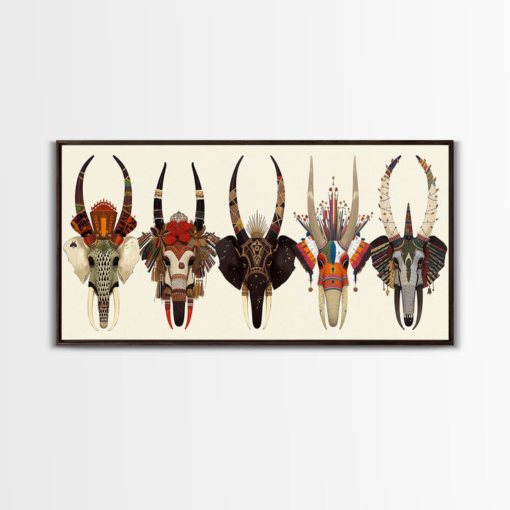 Horned African Animal Skull Masks Wall Art, Tribal Mask Art, African Safari Art, Cultural Wall Decor, Statement Piece Gift
