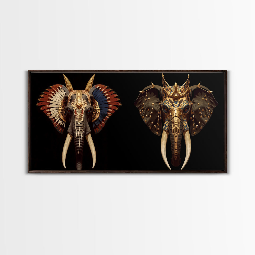 Ornate African Elephant Mask Wall Art, Gold Tribal Safari Decor, Afrocentric Animal Artwork, Luxury Canvas Print For Home