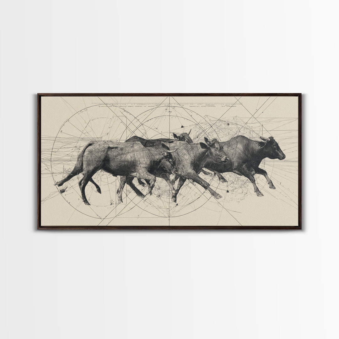 Running African Cattle Sketch Wall Art, Beige Ink Herd Drawing, Rustic Farmhouse Decor, Textured Canvas Print For Office