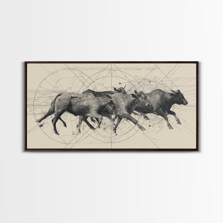 Running African Cattle Sketch Wall Art, Beige Ink Herd Drawing, Rustic Farmhouse Decor, Textured Canvas Print For Office