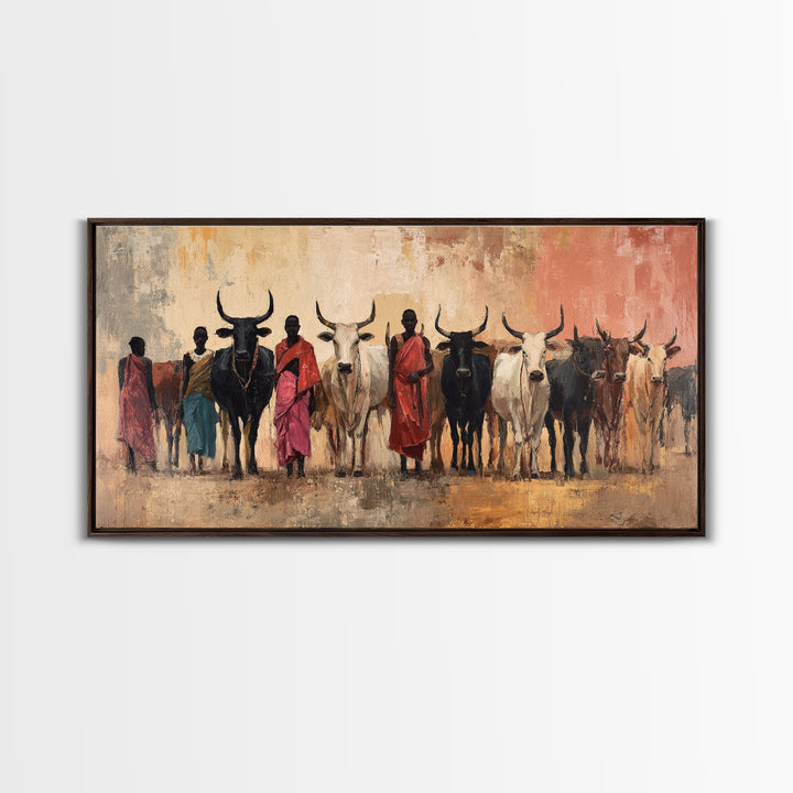 Maasai Herders With Longhorn Cattle Framed Canvas Print, African Safari Wall Art, Earth Tone Tribal Living Room Decor Gift