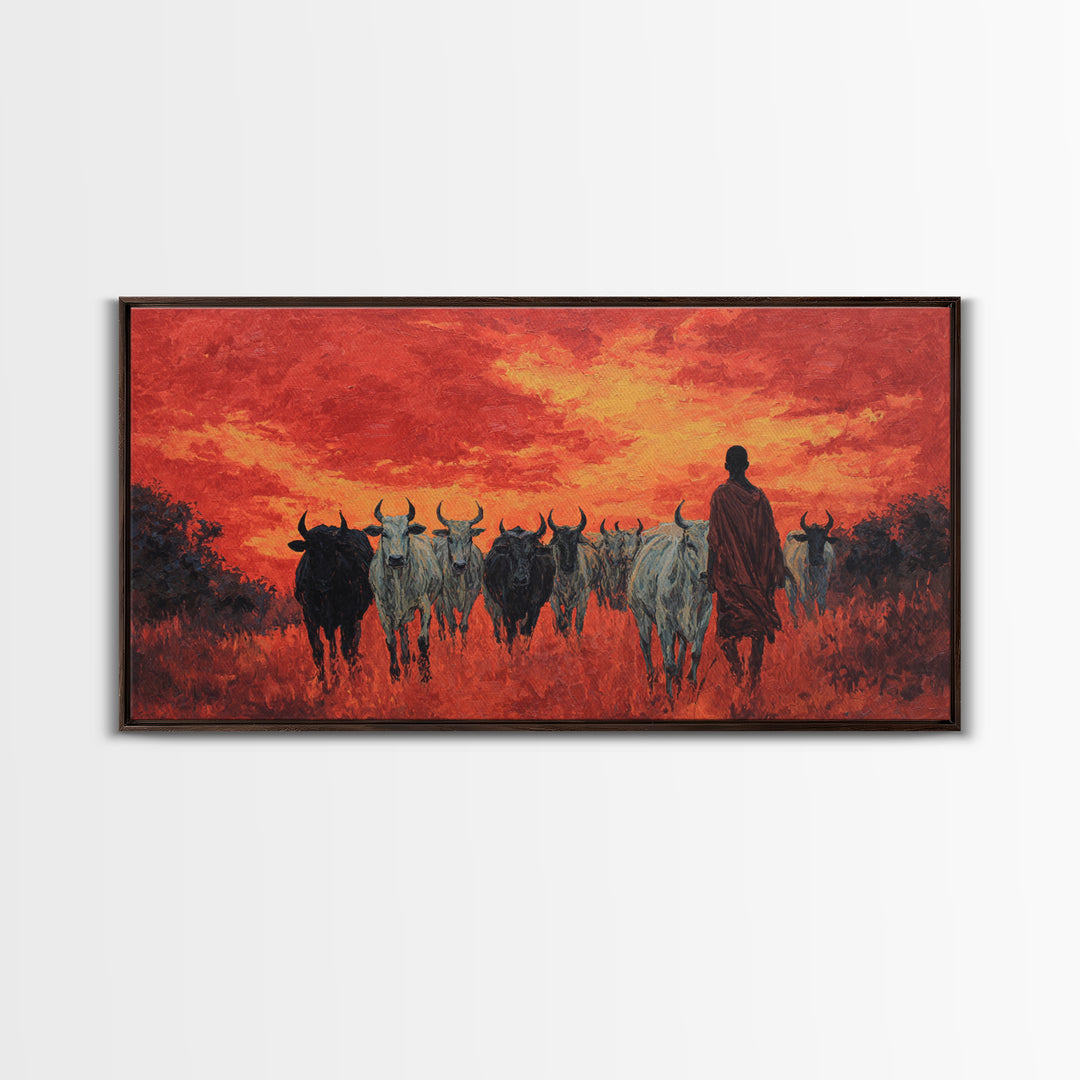 Red Sunset Cattle Drive Wall Art, Maasai Herder Safari Painting, African Landscape Decor, Dramatic Canvas Print For Home
