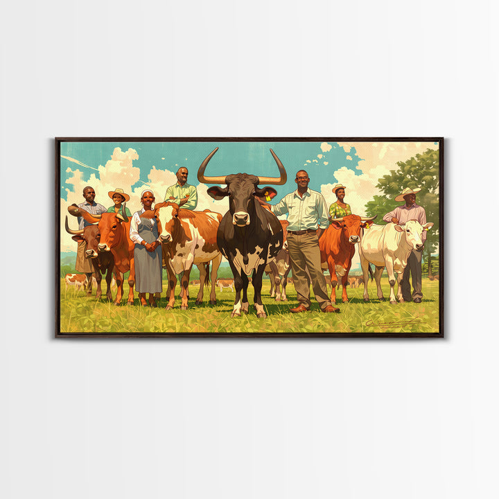 African Family With Cattle Wall Art, Sunny Pasture Portrait, Afrocentric Farm Decor, Vibrant Canvas Print For Living Room