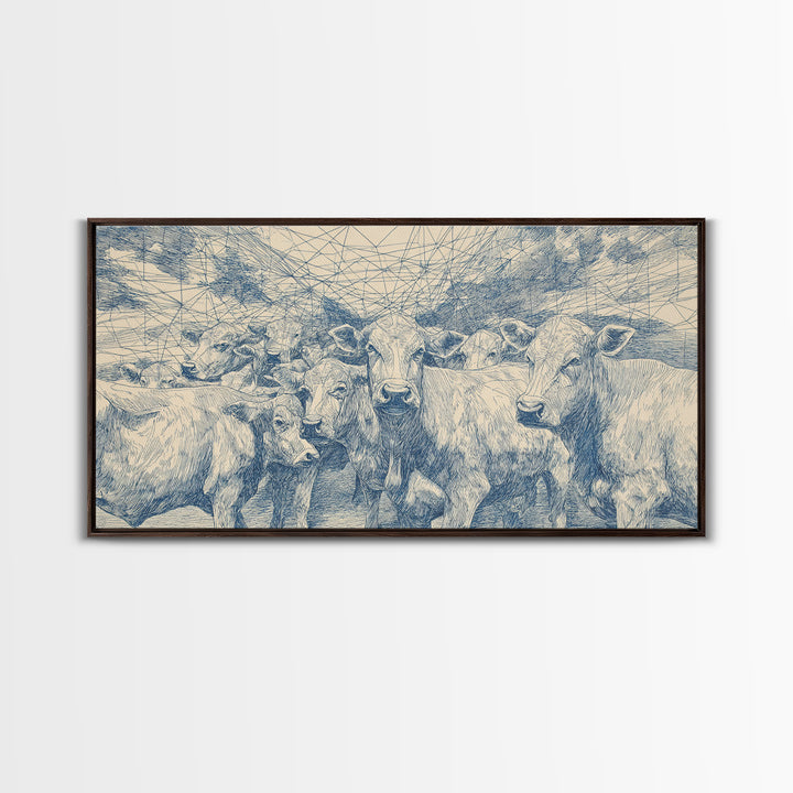 Blue Ink Cattle Herd Wall Art, African Pastoral Drawing, Geometric Farm Animal Decor, Minimalist Canvas Print For Office