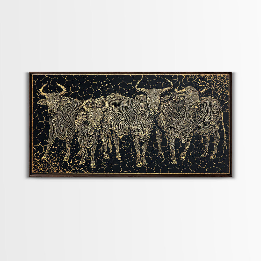 Gold Line Cattle Herd Wall Art, Black Mosaic Tribal Animal Illustration, African Farm Decor, Premium Canvas Print For Home