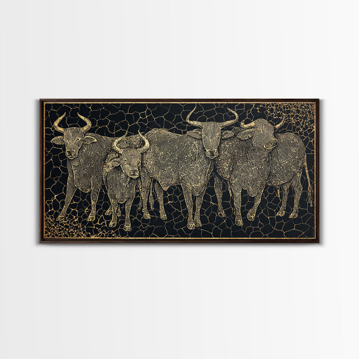 Gold Line Cattle Herd Wall Art, Black Mosaic Tribal Animal Illustration, African Farm Decor, Premium Canvas Print For Home