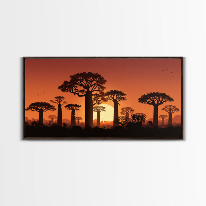 Baobab Trees At Orange Sunset Wall Art, African Landscape Silhouette, Madagascar Safari Decor, Warm Canvas Print For Home