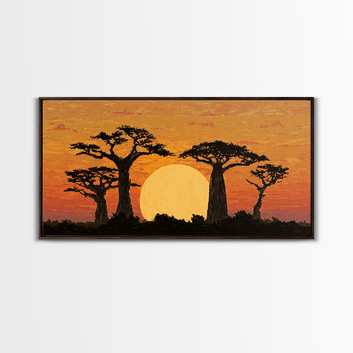 Golden Baobab Sunset Silhouette Wall Art, African Landscape Canvas Decor, Safari Tree Print, Warm Orange Living Room Gift