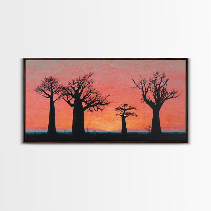 Coral Baobab Tree Silhouette Wall Art, African Landscape Print, Pink Sunset Safari Decor, Modern Canvas Gift For Home Decor