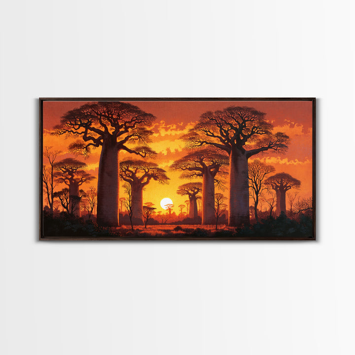 Fiery Baobab Avenue At Sunset Framed Canvas Print, African Safari Landscape Wall Decor, Dramatic Orange Statement Art Gift