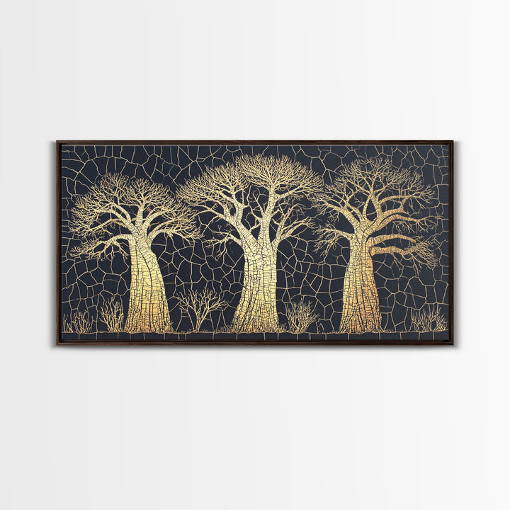 Gold Mosaic Baobab Forest Wall Art, African Tree Canvas Decor, Black And Gold Geometric Safari Print, Luxury Home Decor Gift