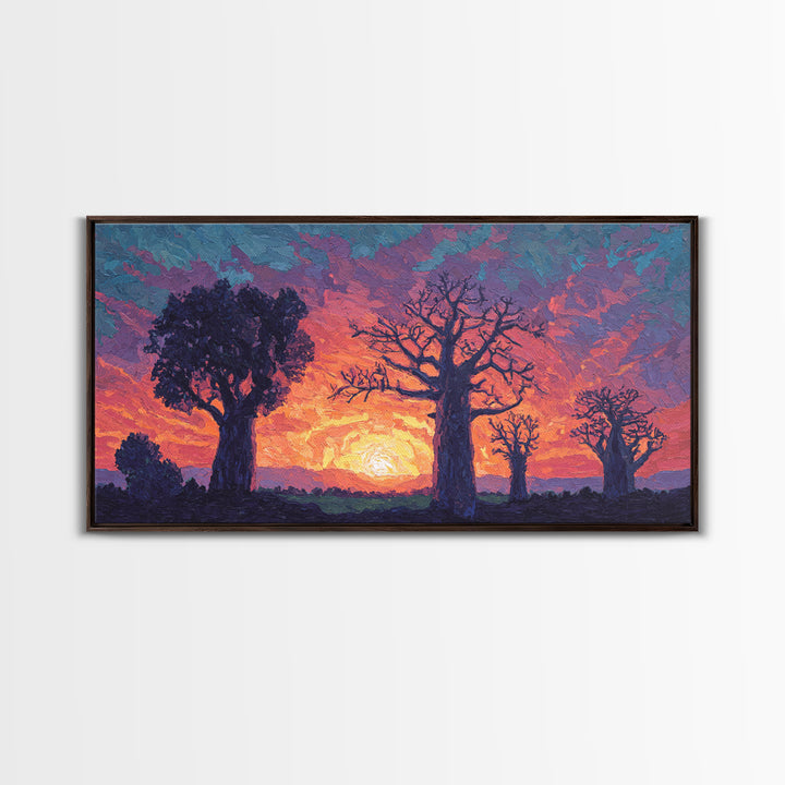 Textured Baobab Sunset Canvas Print, African Landscape Wall Decor, Purple Orange Modern Safari Art, Dreamy Living Room Gift