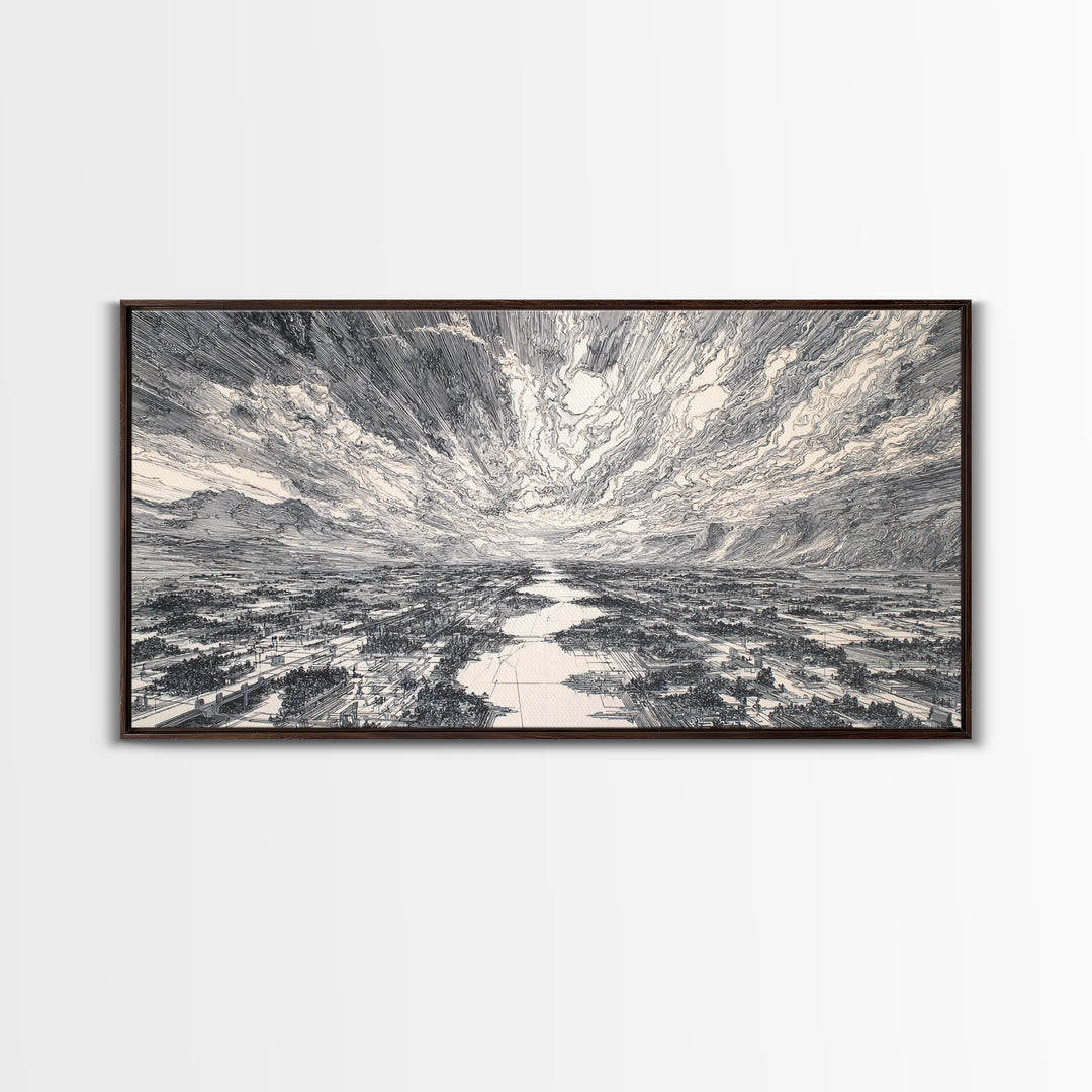 Black And White Etched River Valley Wall Art, African Landscape Print, Dramatic Sky Minimalist Office Decor, Fine Art Gift