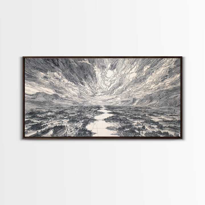 Black And White Etched River Valley Wall Art, African Landscape Print, Dramatic Sky Minimalist Office Decor, Fine Art Gift
