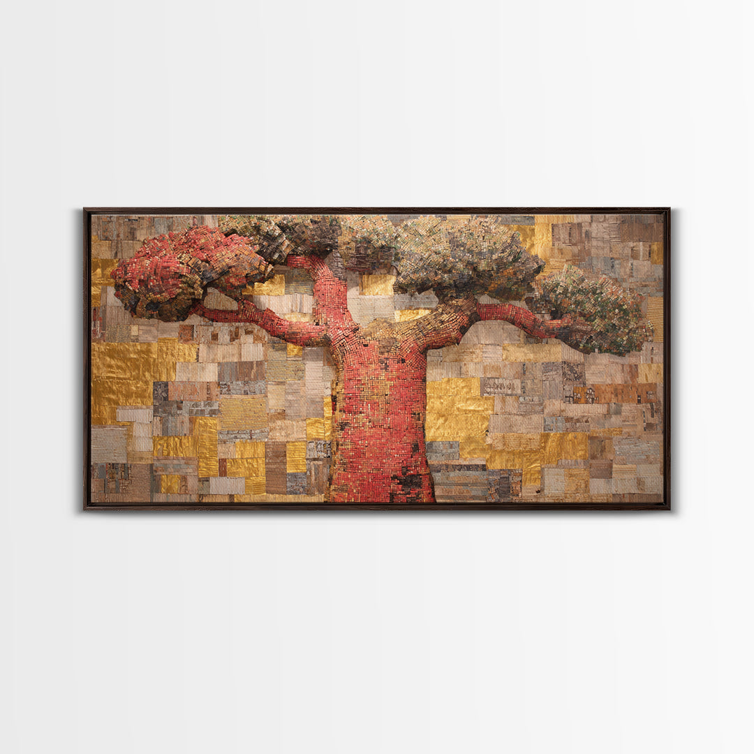 Red Baobab Collage On Gold Canvas Print, African Tree Wall Decor, Textured Mosaic Landscape Art, Bold Living Room Home Decor Gift