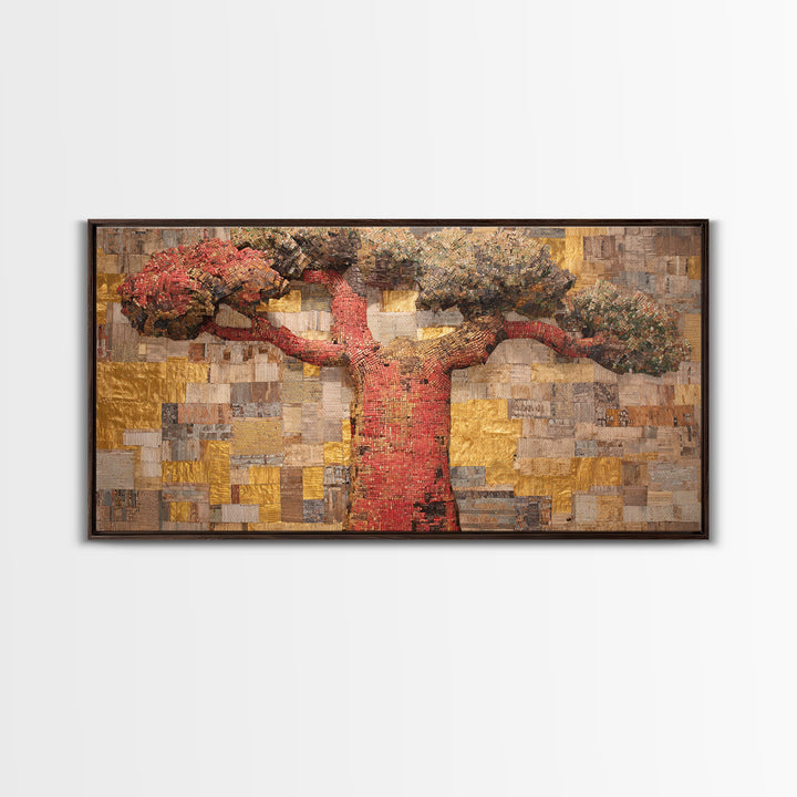 Red Baobab Collage On Gold Canvas Print, African Tree Wall Decor, Textured Mosaic Landscape Art, Bold Living Room Home Decor Gift
