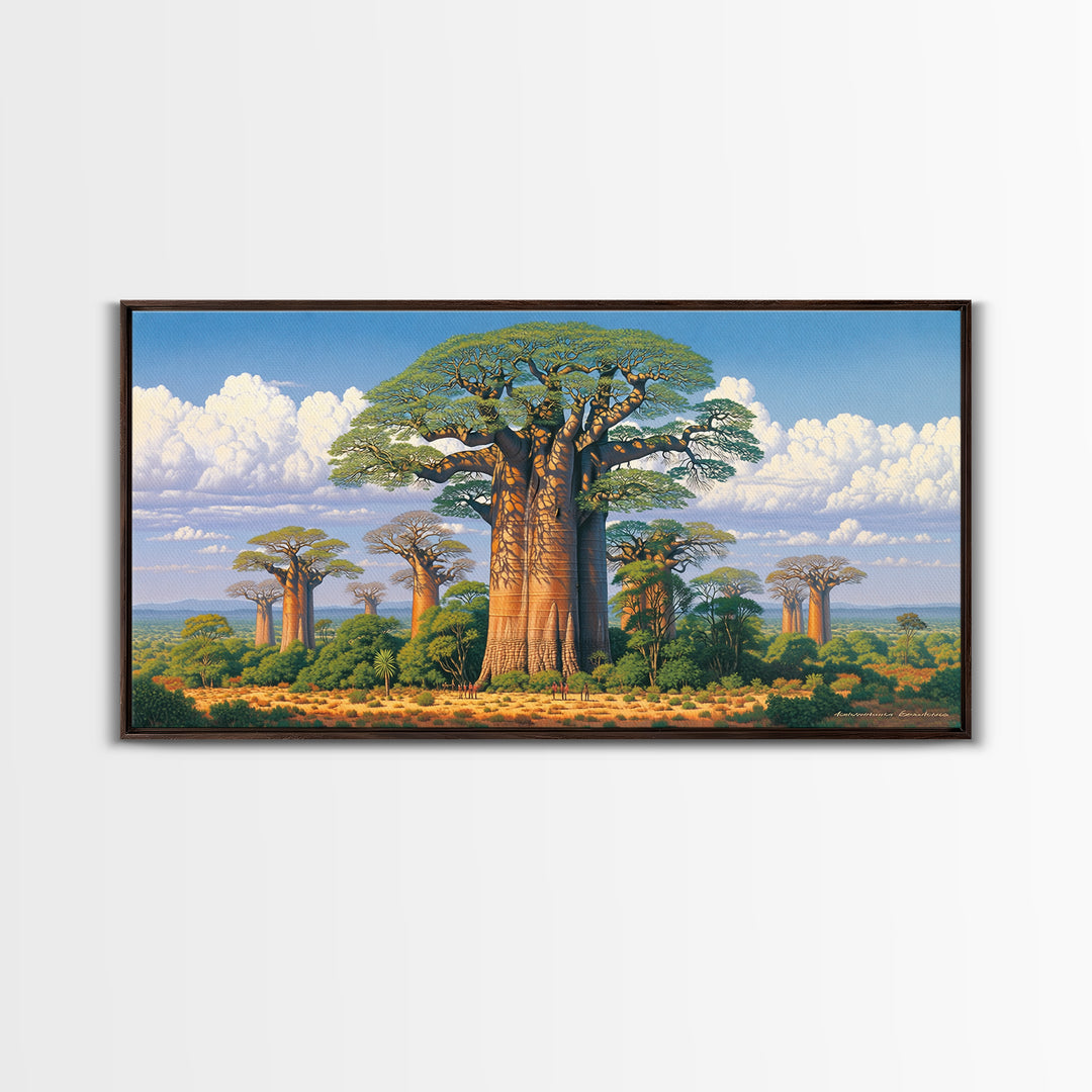 Lush Baobab Forest Under Blue Sky Framed Canvas Print, African Landscape Wall Decor, Madagascar Safari Tree Art Home Decor Gift