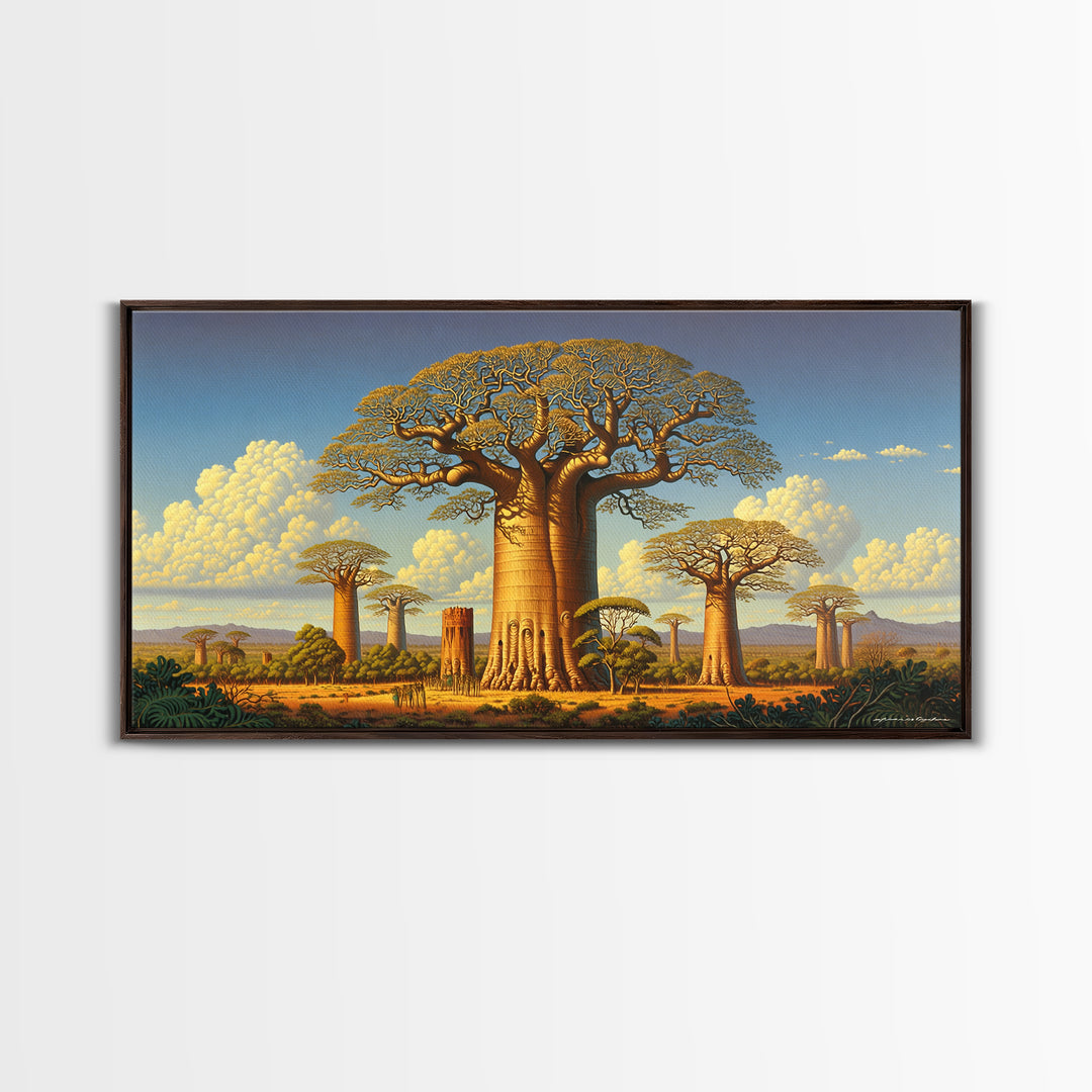 Golden Baobab Savanna Landscape Wall Art, African Tree Canvas Print, Safari Decor, Motherland Home Decor Gift, Statement Living Room Decor