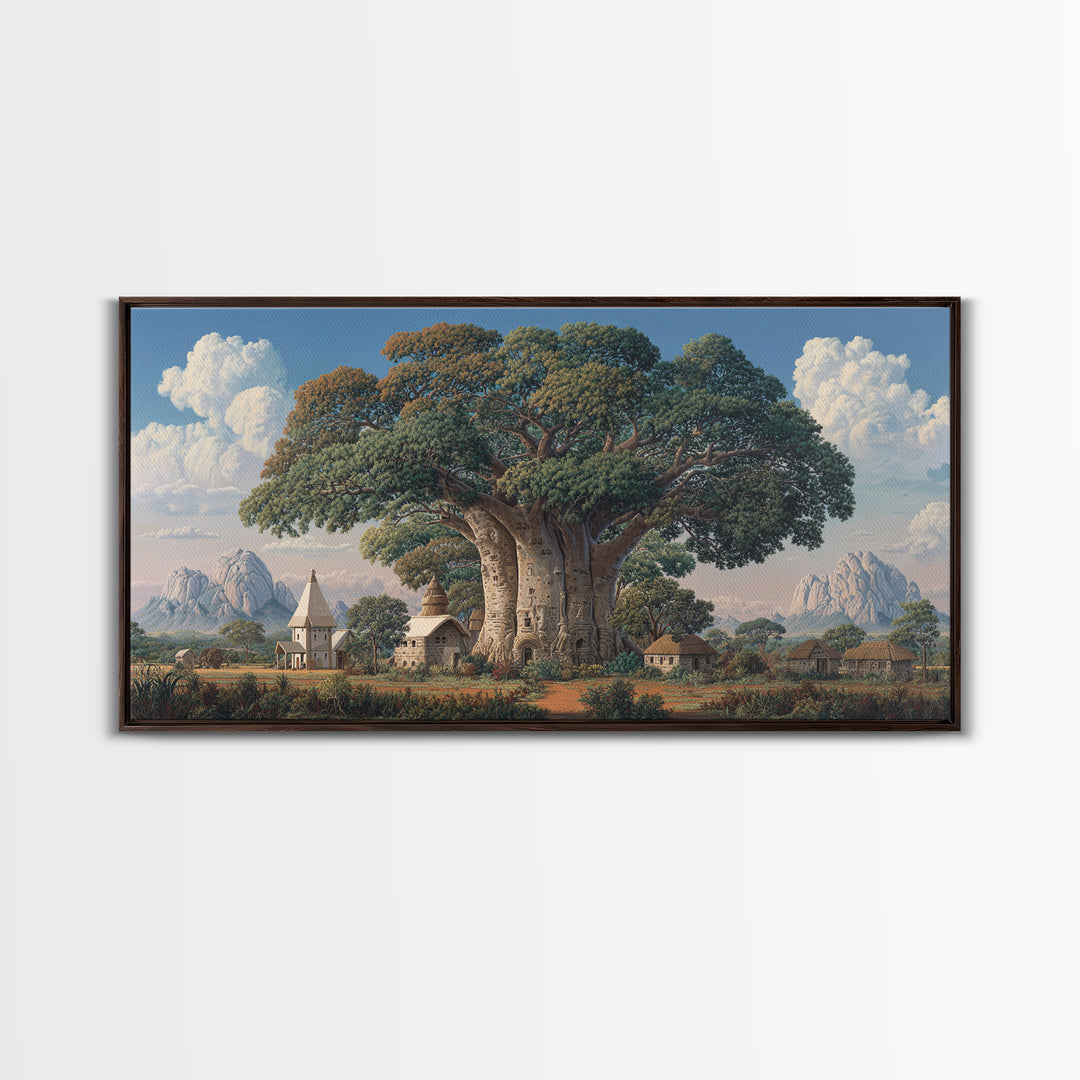Village Baobab Tree With Church Framed Canvas Print, African Landscape Wall Art, Cultural Home Decor, Housewarming Gift For Her