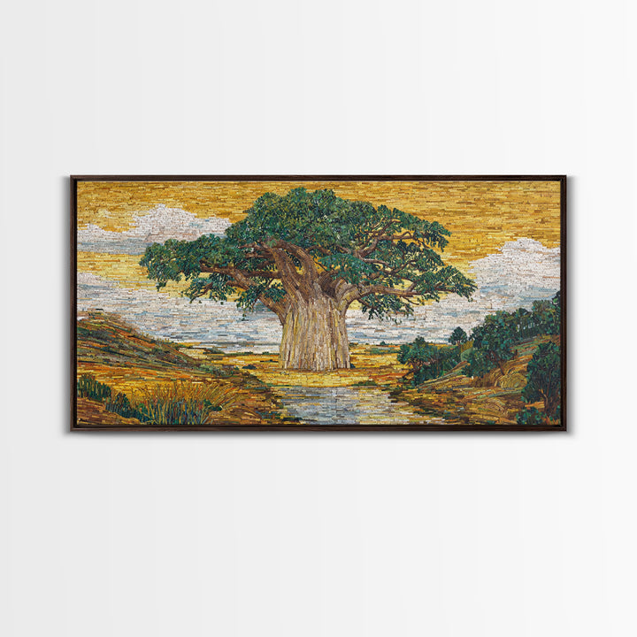 Mosaic Baobab River Landscape Canvas Print, African Tree Wall Art, Earth Tone Safari Decor, Modern Living Room Art, Housewarming Gift